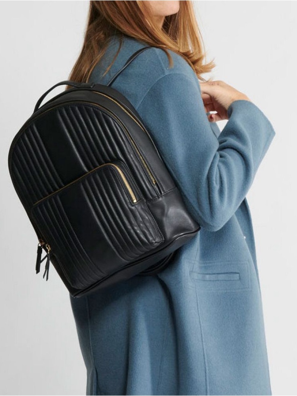 Mark & Graham Quilted Black Leather Backpack with Gold Zippers